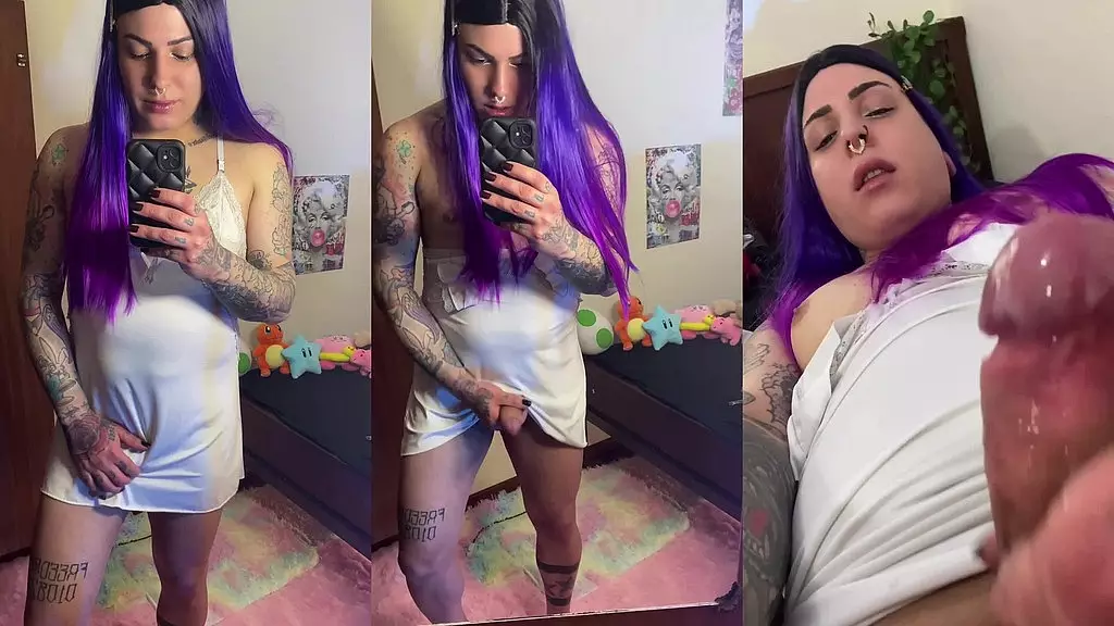trans girl shows off her big dick and cumming it deliciously
