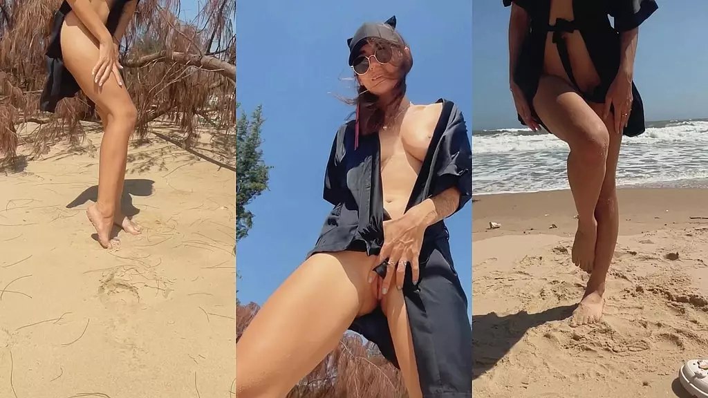 naked teen girl shows pussy, legs and feet and toes, foot, leg fetish on nudist beach public outdoor