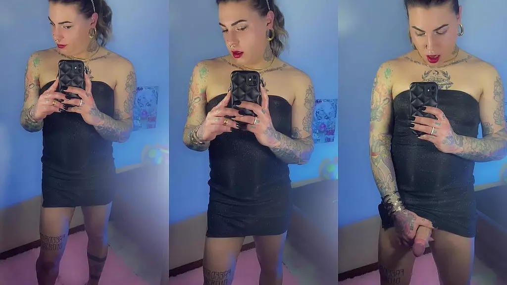 trans girl emma ink shows off in the mirror in high heels and a short dress. without panties his big dick was loose