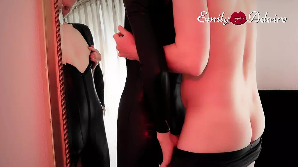 daddy fucks my tight tgirl ass in front of the mirror in my leather catsuit - ts emily adaire