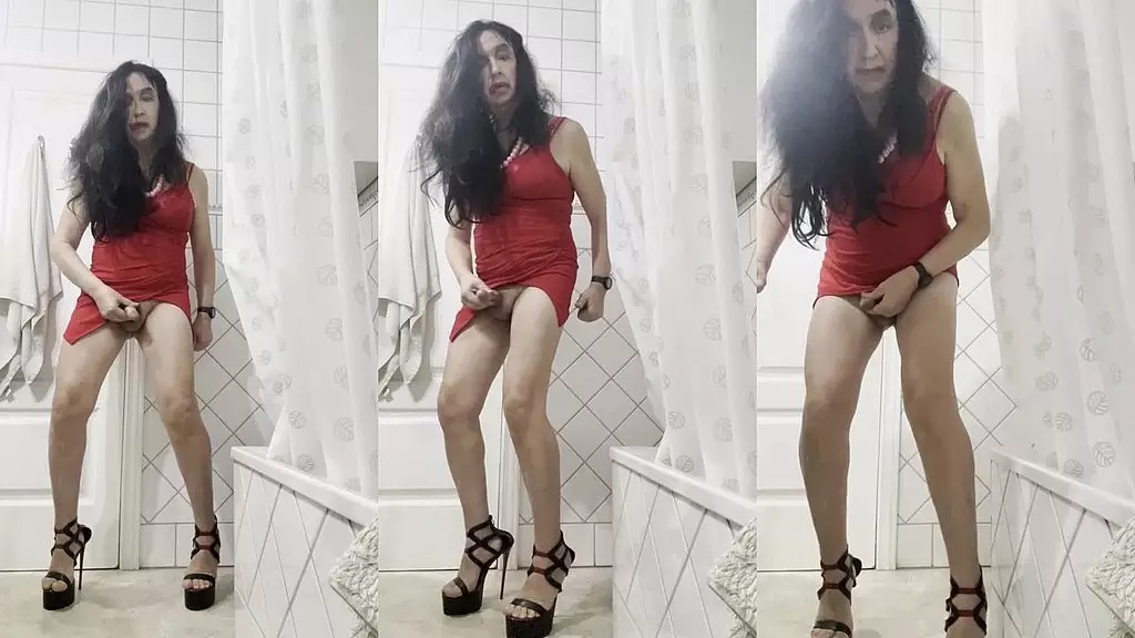 daniela monroe tv, bathroom, sexy red dress and colorful platform high heels, masturbation, anal