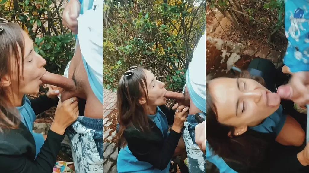 teen girl sucks cock in public park outdoors and cum swallow , pulls hairy balls , blowjob