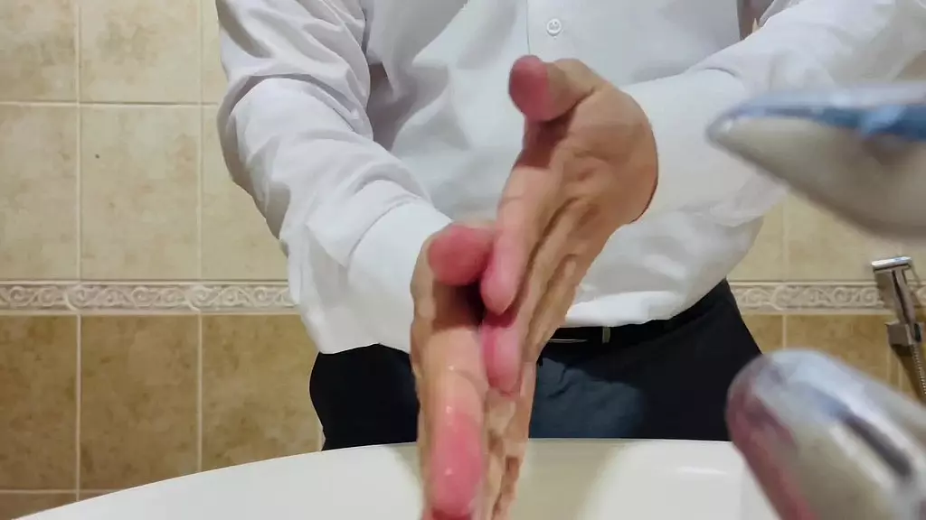 a bathroom hot cumshot momentum of asian guy after pissing