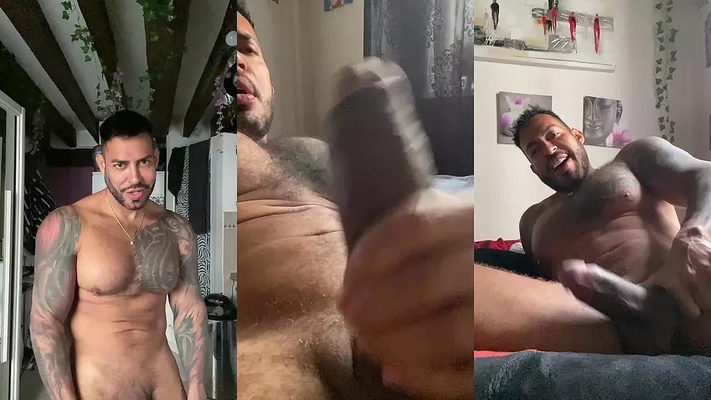 latino pornstar viktor rom lying down squeeze bbc out all milk big muscle boy and tattoed