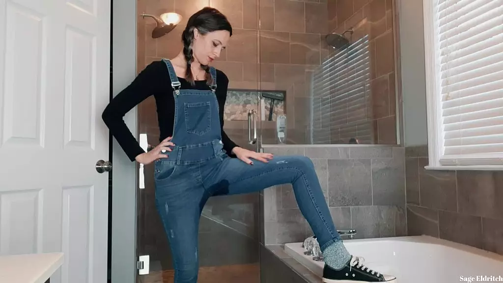 wednesday addams wetting blue jean overalls & panties
