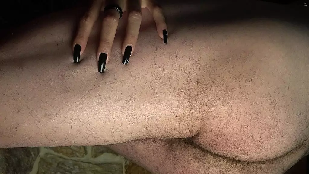 scratching his muscles and long hair legs and his big hairy butt