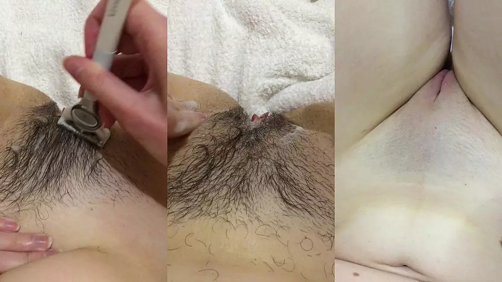 pov girl shaves very hairy pussy close up. shaved pussy, shaved pubis