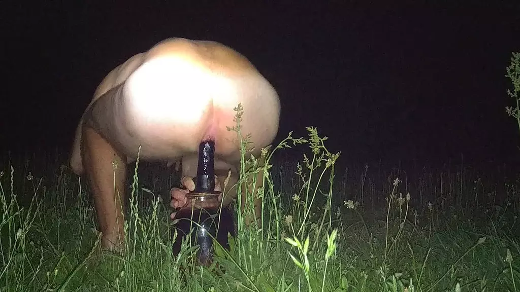 anus accepts a black dildo in the middle of a field in nature.