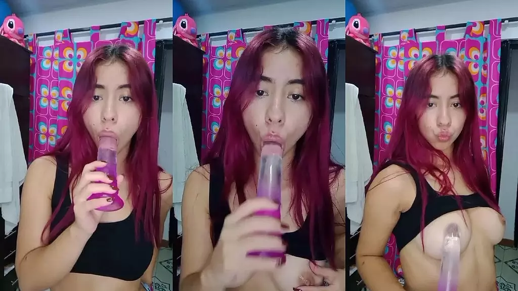 cute naked girl goes crazy with pleasure.