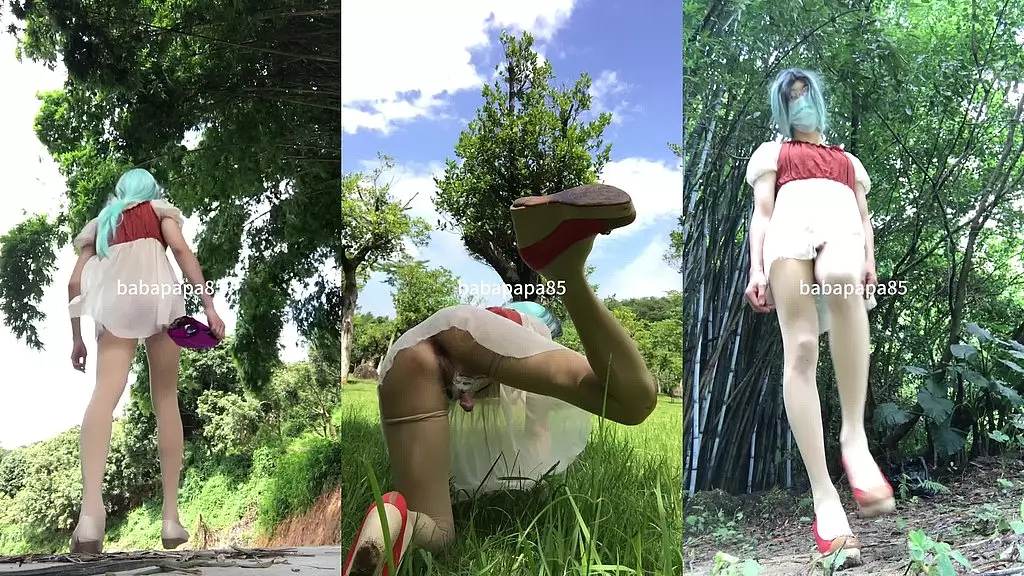 sissy outdoor play on the grass peeing on shoes