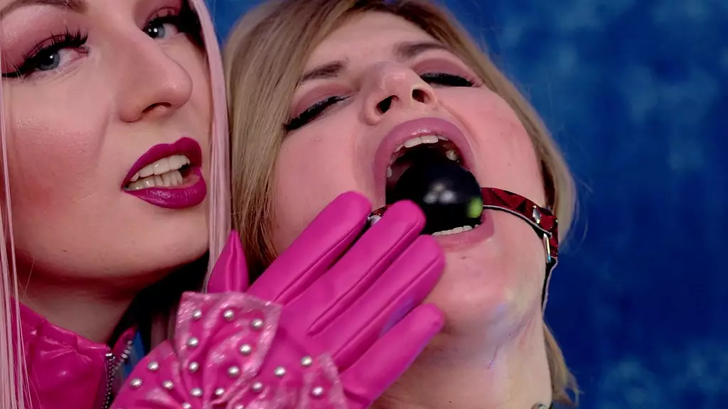 lesbian erotic video - gag and food fetish, licking sucking, tits play with ice cube - latex pvc lovers (arya grander)