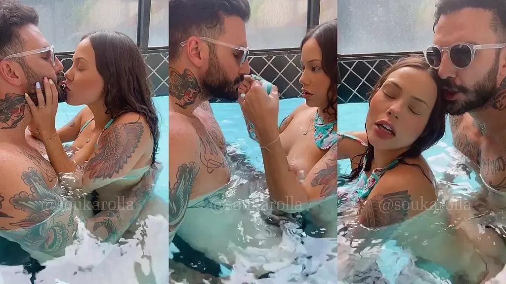hot brunette fucking in the pool with tattoo