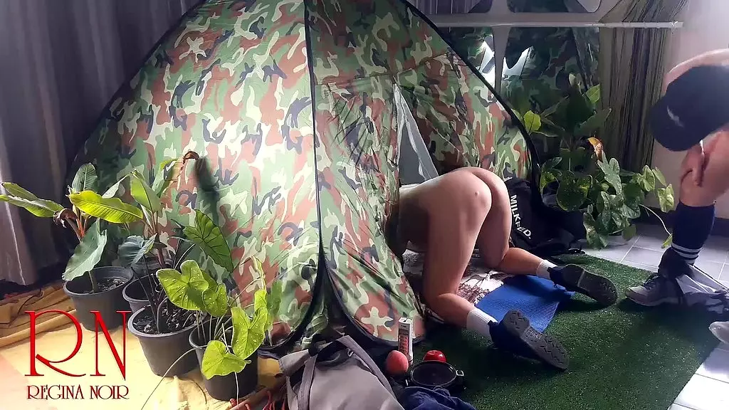 sex in camp. a stranger fucks a nudist lady in her mouin a camping in nature.