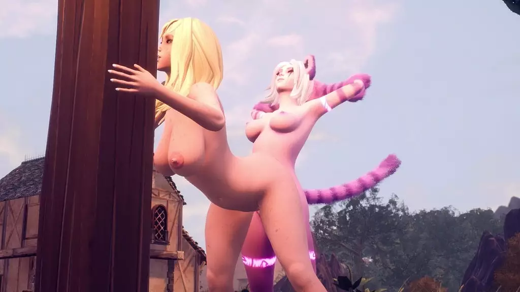 shemale cat girl on busty blonde with a big booty