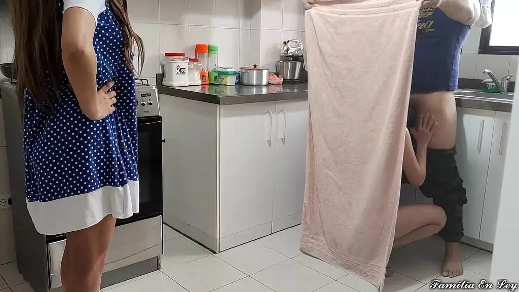 i fuck my stepsister-in-law in the kitchen but my wife discovers us but i cover her with the cloth