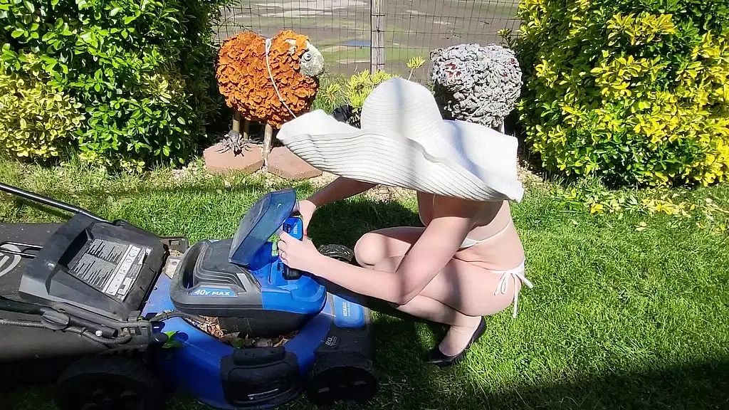 naked housewife mows the lawn on your property