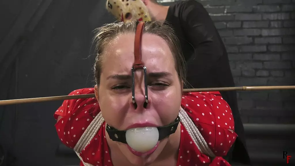 annabelle in red - hogtie, bastinado, ballgag, nosehook