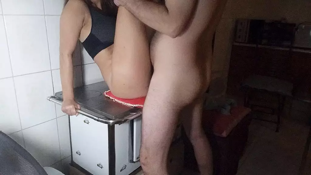 fucking on wood stove. cumming inside shaved pussy