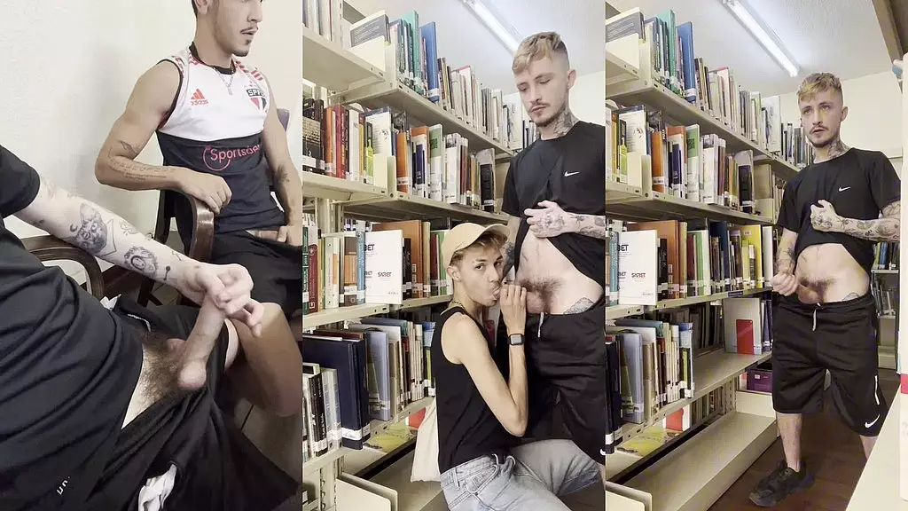 twinks fucking threeway on the public library