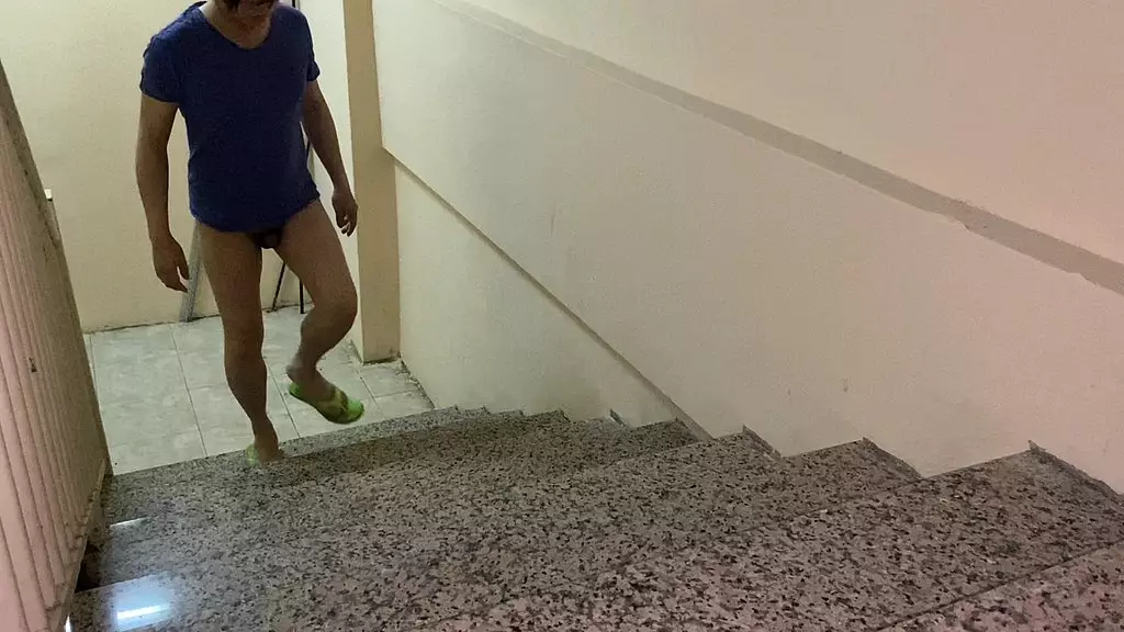 almost caught cruising and jerking in the stairs with close up cumshot