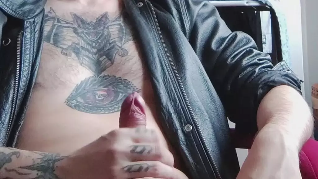 sexy young bull leather stroking huge cock tattoos veins dirty talk deep voice hot emo goth guy
