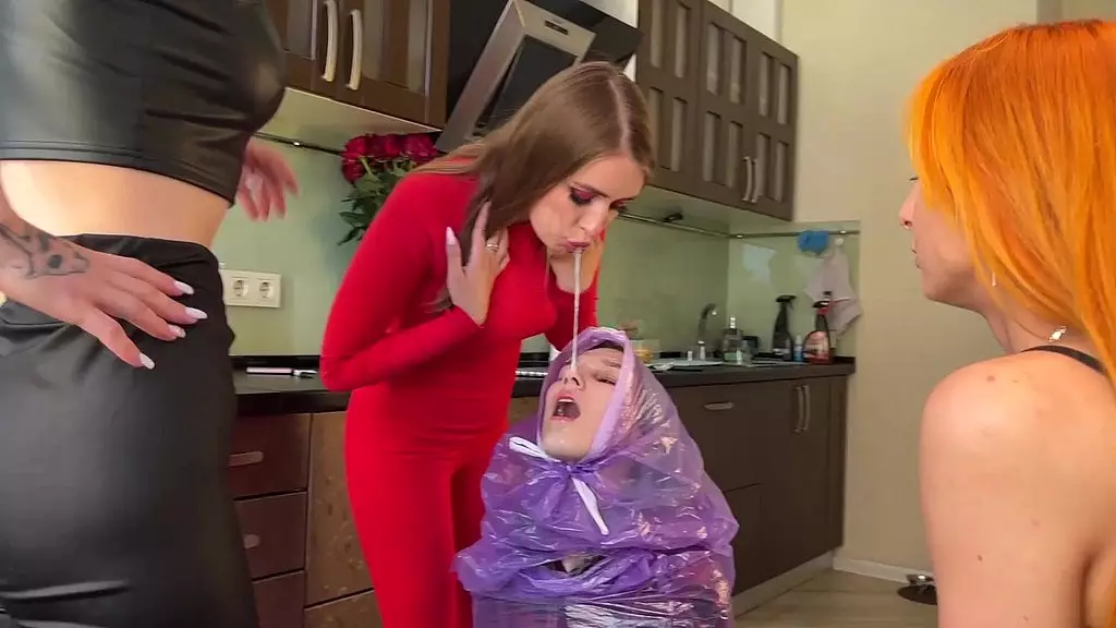 sadistic bitches turned a girl into a human trash can and spit on her mouth and face